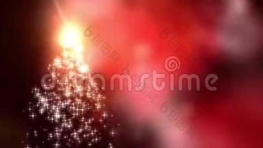 雪花星光汇集成红色波克背景的圣诞树